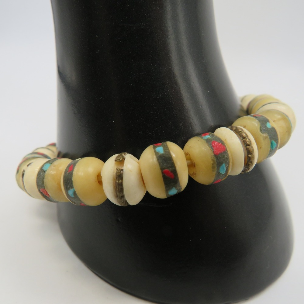 Tibetan Yak Mala Bracelet Inlaid Turquoise Coral Mosaic Prayer Beads Brass